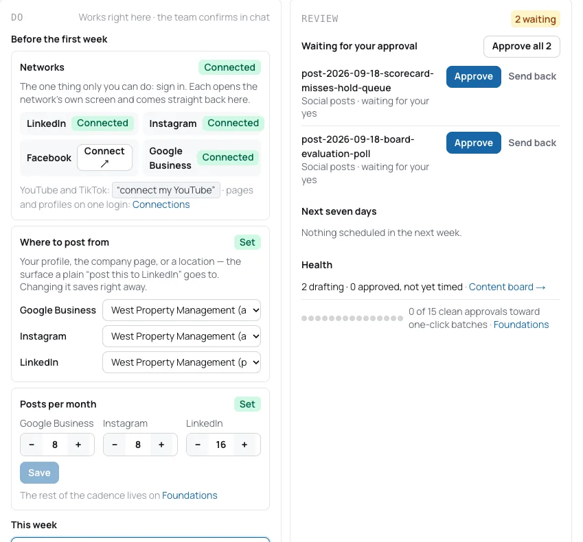 The team drafts your social posts and holds each one for your approval